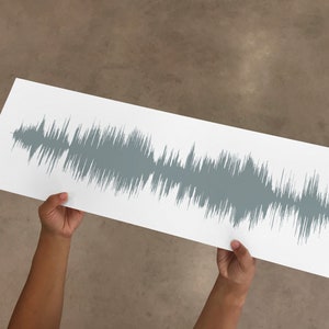 May include: A white sheet of paper with a gray sound wave graphic printed on it. The paper is being held by a person's hands.