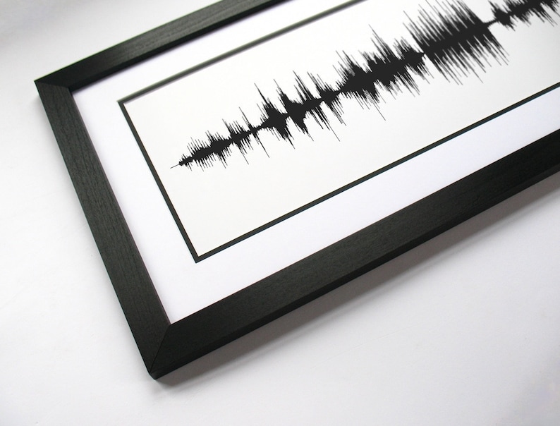 May include: A black framed print of a sound wave, a visual representation of an audio recording.
