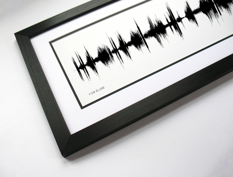 May include: A black framed print of a sound wave with the text "FUR ELISE" at the bottom.