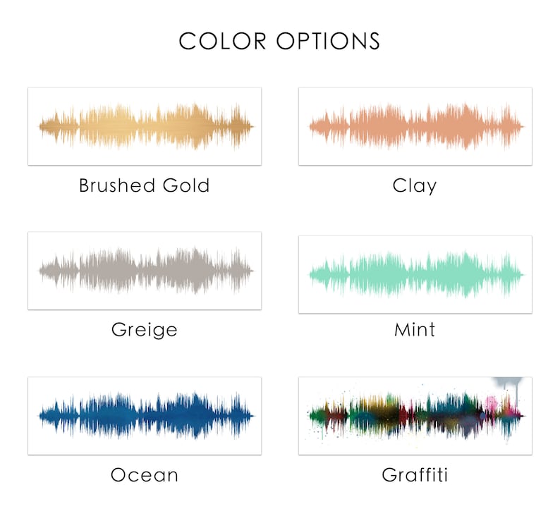 Puede incluir: Opciones de color para impresiones art&iacute;sticas de ondas de sonido. La imagen muestra seis impresiones rectangulares con diferentes combinaciones de colores: Dorado Cepillado, Arcilla, Greige, Menta, Oc&eacute;ano y Graffiti. Cada impresi&oacute;n presenta un dise&ntilde;o de onda de sonido &uacute;nico.