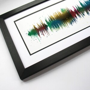 May include: A framed print of a colorful sound wave, created from a recording of someone's voice. The print is on white paper and has a black frame.
