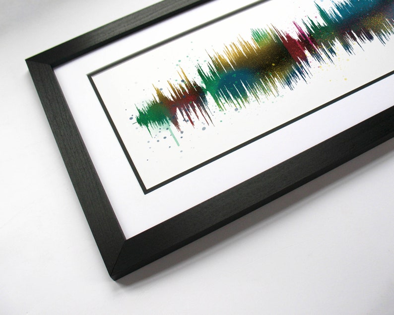 May include: A framed print of a colorful sound wave, created from a recording of someone's voice. The print is on white paper and has a black frame.