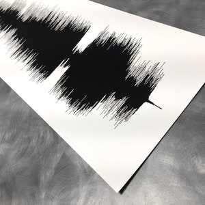May include: A black and white sound wave print on a white background. The sound wave is a visual representation of an audio recording.