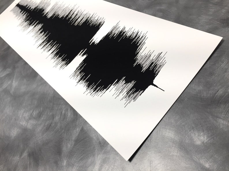 May include: A black and white sound wave print on a white background. The sound wave is a visual representation of an audio recording.