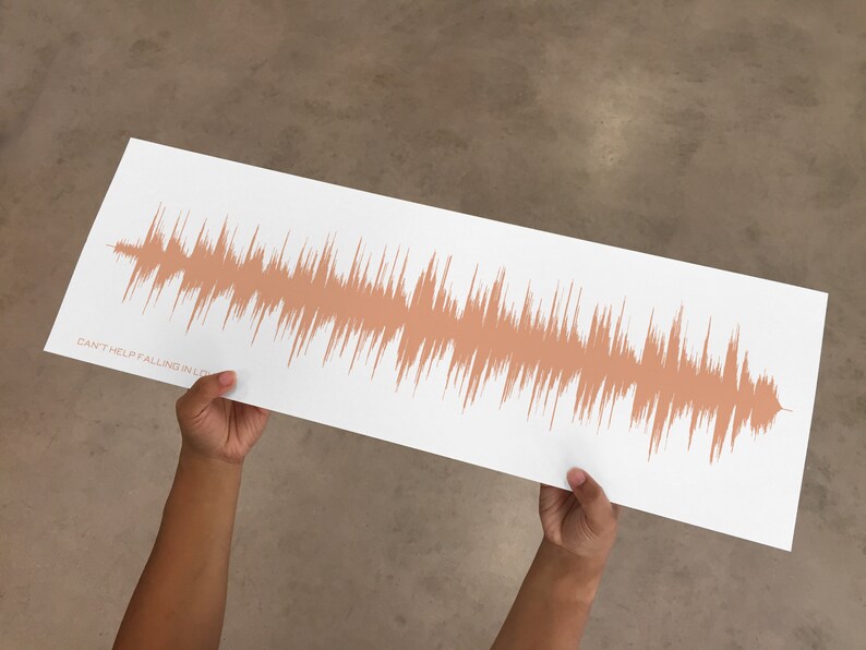 Puede incluir: Una impresi&oacute;n rectangular blanca con un dise&ntilde;o de onda de sonido en un tono naranja apagado. El texto "CAN'T HELP FALLING IN LOVE" est&aacute; impreso en la esquina inferior izquierda. La impresi&oacute;n est&aacute; sostenida por dos manos.