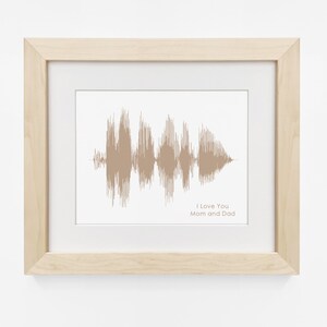 May include: A framed print of a sound wave in brown tones, with the text "I Love You Mom and Dad" below the wave.