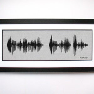 Puede incluir: Una impresi&oacute;n de onda sonora en blanco y negro en un marco negro sobre una pared blanca. La impresi&oacute;n presenta una visualizaci&oacute;n de onda sonora de una grabaci&oacute;n del Salmo 96:1.