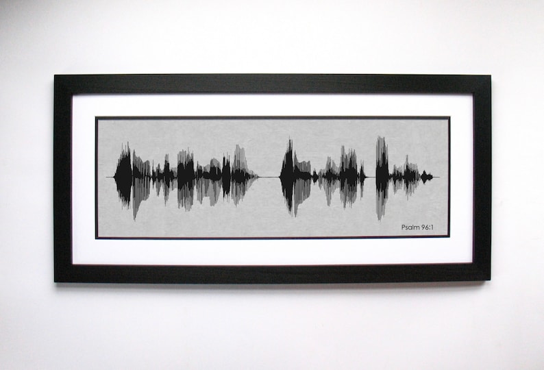 Puede incluir: Una impresi&oacute;n de onda sonora en blanco y negro en un marco negro sobre una pared blanca. La impresi&oacute;n presenta una visualizaci&oacute;n de onda sonora de una grabaci&oacute;n del Salmo 96:1.
