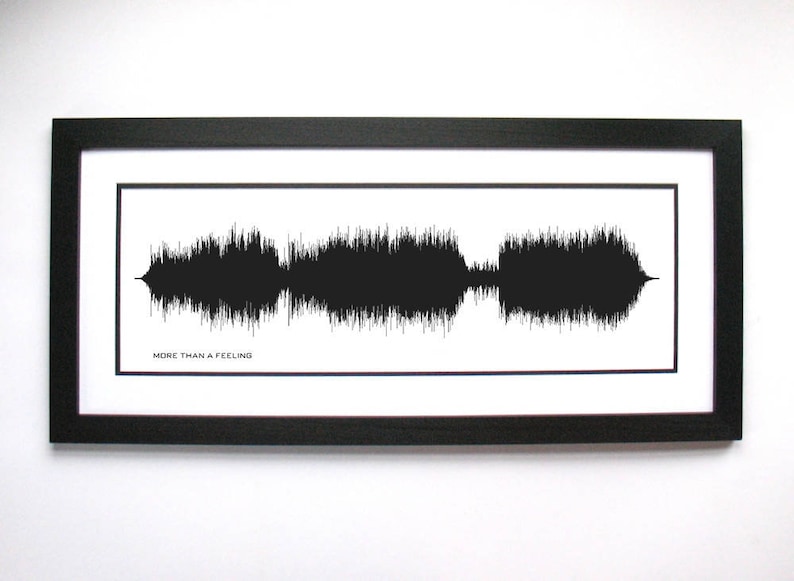 May include: A black and white framed print of a sound wave with the text "MORE THAN A FEELING" below it.