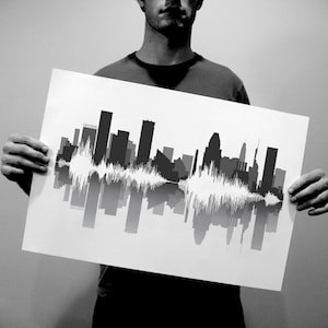 Baltimore Skyline Art: &quot;Baltimore, Maryland&quot; Sound Waves Overlaid on Skyline - Baltimore Wall Art & Decor