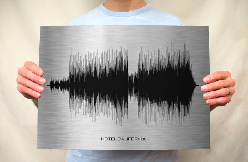 May include: A person holding a metal print with a black and white sound wave graphic and the text "HOTEL CALIFORNIA" printed below the graphic.