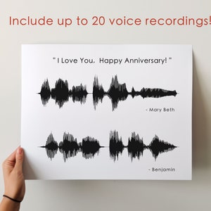 May include: A white card with black sound wave patterns and the text "I Love You. Happy Anniversary!" with the names "Mary Beth" and "Benjamin" below the sound waves.