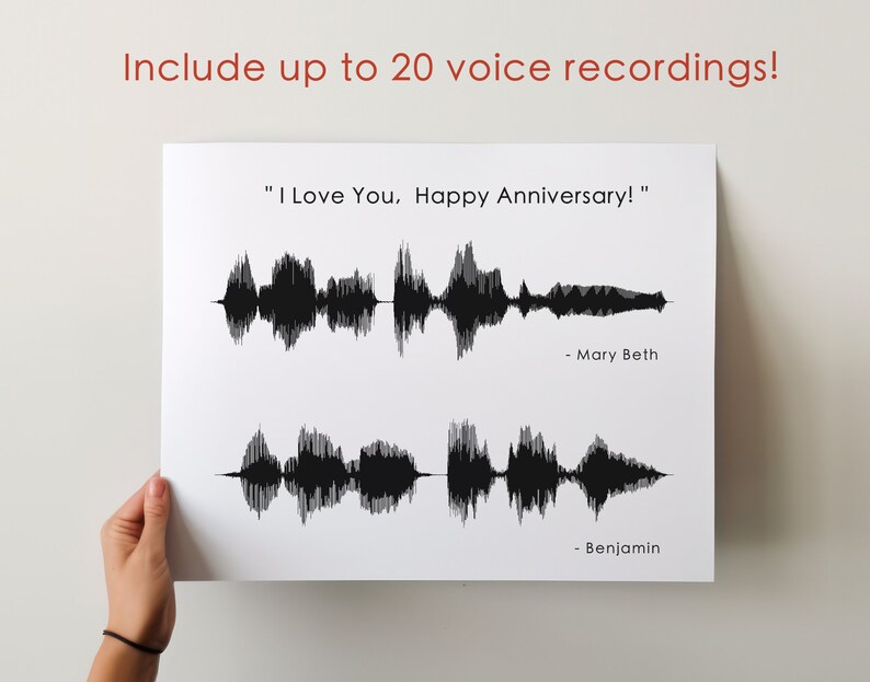 May include: A white card with black sound wave patterns and the text "I Love You. Happy Anniversary!" with the names "Mary Beth" and "Benjamin" below the sound waves.