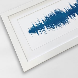May include: A white frame with a blue sound wave print inside. The frame is angled to show the edge of the frame.