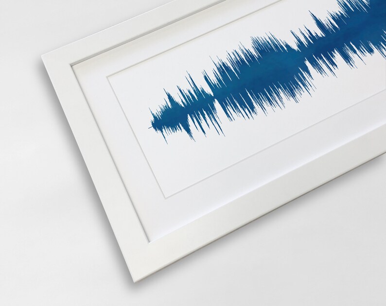 May include: A white frame with a blue sound wave print inside. The frame is angled to show the edge of the frame.