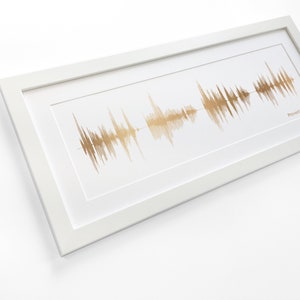 Puede incluir: Una impresi&oacute;n enmarcada en blanco con un dise&ntilde;o de onda sonora dorada y el texto "Proverbios 3:5-4" en la esquina inferior derecha.