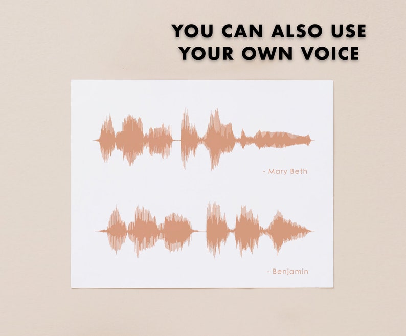May include: A white card with two sound wave prints in a light brown color. The text "You can also use your own voice" is at the top of the card. The bottom of the card has the text "Mary Beth" and "Benjamin" under the sound wave prints.