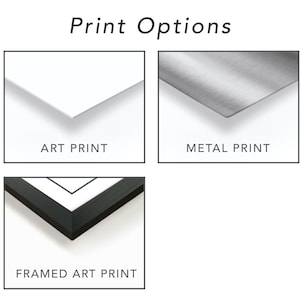 Op de afbeelding: Drie afdrukopties voor kunstwerken: een witte kunstdruk, een metalen afdruk en een ingelijste kunstdruk.