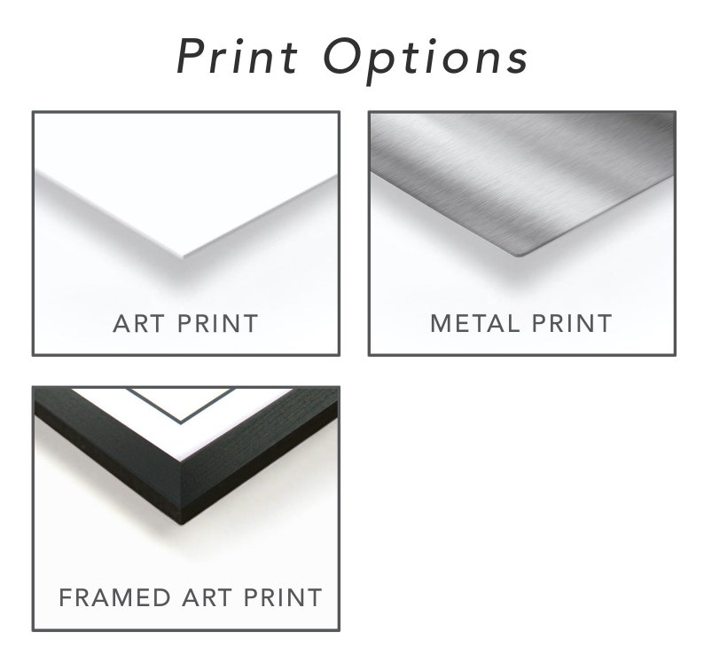 Op de afbeelding: Drie afdrukopties voor kunstwerken: een witte kunstdruk, een metalen afdruk en een ingelijste kunstdruk.