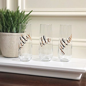 personalized, bridesmaid gift, personalized champagne flute, champagne flute, stemless champagne flute, custom glasses, wedding flutes