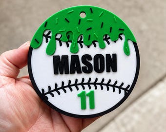 Personalized Baseball Drip Bag Tag w/ Clip & Ring | Custom Name Keychain | Team Gift, Bat Bag Tag, Ice Cream Drip Design