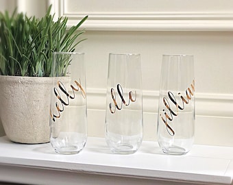 Personalized Stemless Champagne Flute: Rose Gold Bridal Party Gift