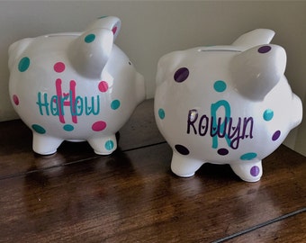 Personalized Piggy Bank: Ceramic Polka Dot Kids Gift