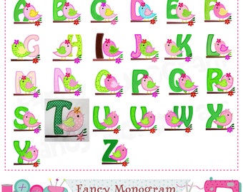 Bird letters applique,Easter Monograms design,Fonts,Easter applique,Alphabet,Birthday letters design,Bird applique,Spring applique.-1531