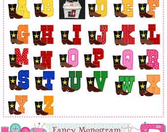 Cowboy boots Monograms applique,Westy Letters applique,Fonts design,Alphabet design,Birthday Letters design,Cowboy applique,26 letters.-1573