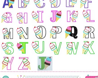 Ice cream cone letters applique,Ice cream Monograms applique,Fonts,Ice cream cone,Alphabet design,Summer Letters design,Birthday Letters.