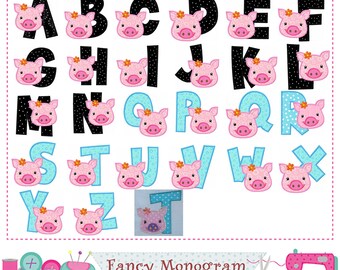 Piggy Letters applique,Pig Monograms applique,Birthday letters design,Piggy,Alphabet design,Fonts,Girl applique,Farm design.-17527