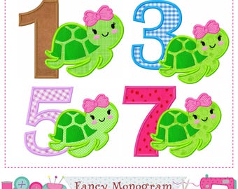 Numbers Applique Turtle bow for Birthday Celebration - beach machine embroidery -255T