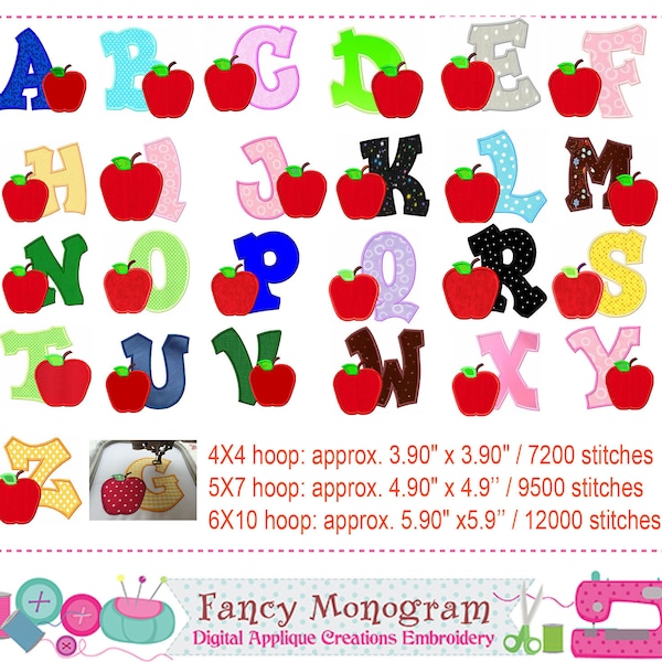 School apple Alphabet applique embroidery - Back to school Monograms design - Student teacher birthday party Letters-machine embroidery-1486