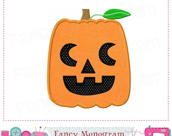 May include: An orange pumpkin with a carved face, featuring black eyes, a nose, and a mouth. The pumpkin has a green leaf and stem. The image includes the text "Fancy Monogram Digital Applique Creations Embroidery".