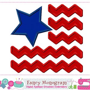May include: An embroidery design featuring a large, solid blue five-pointed star positioned to the left of four horizontal red zigzag lines. The design includes the text Fancy Monogram Digital Applique Creations Embroidery at the bottom.
