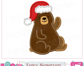 Bear Applique Embroidery Design - Christmas Santa Hat Decor (Digital Download)