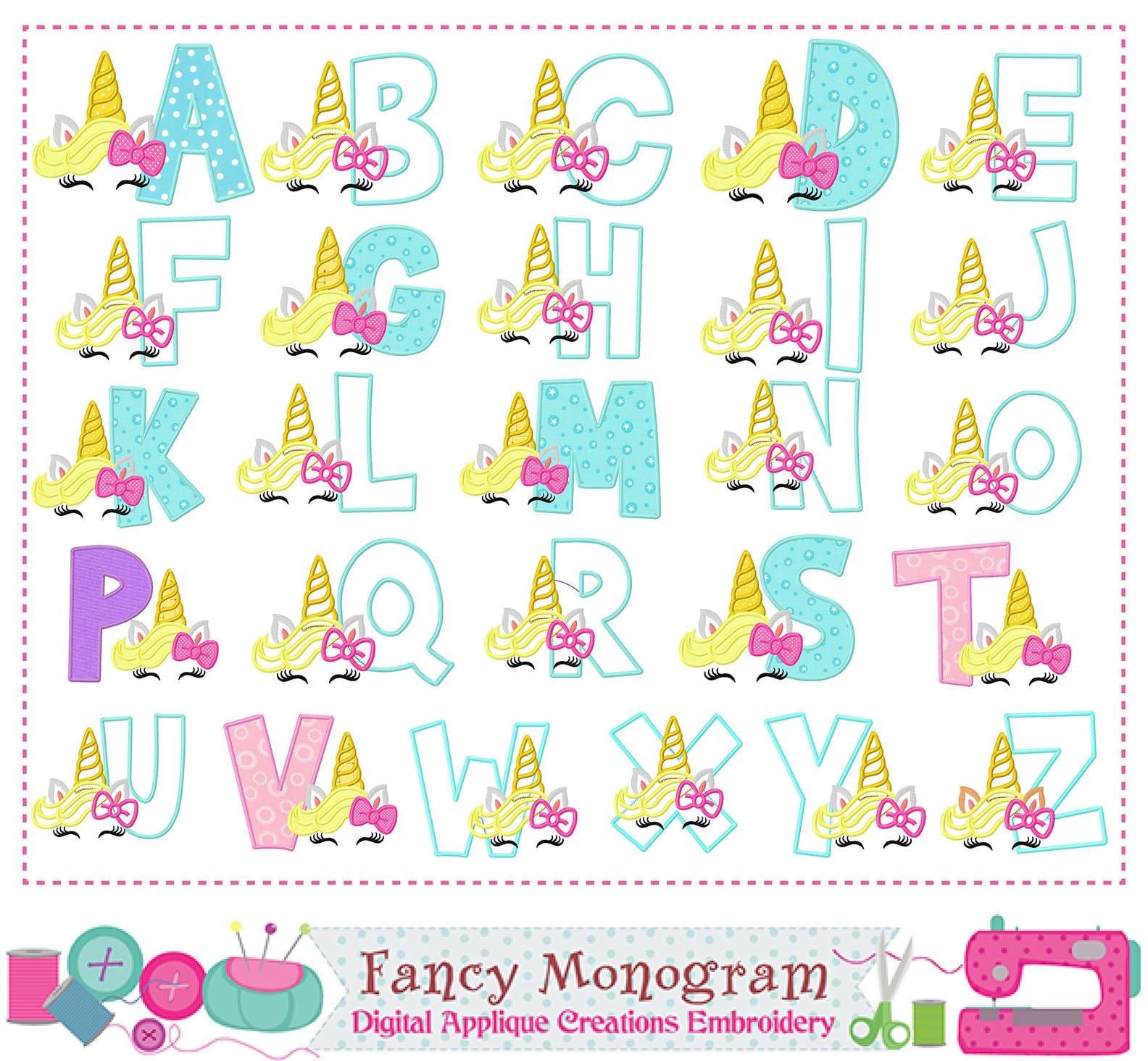 Unicorn Letters applique Unicorm Monogram design Alphabet Etsy