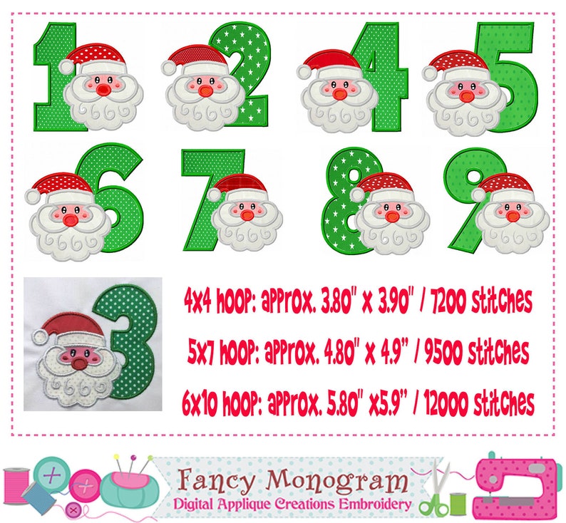 Christmas Numbers Applique Santa Claus Numbers Embroidery Etsy