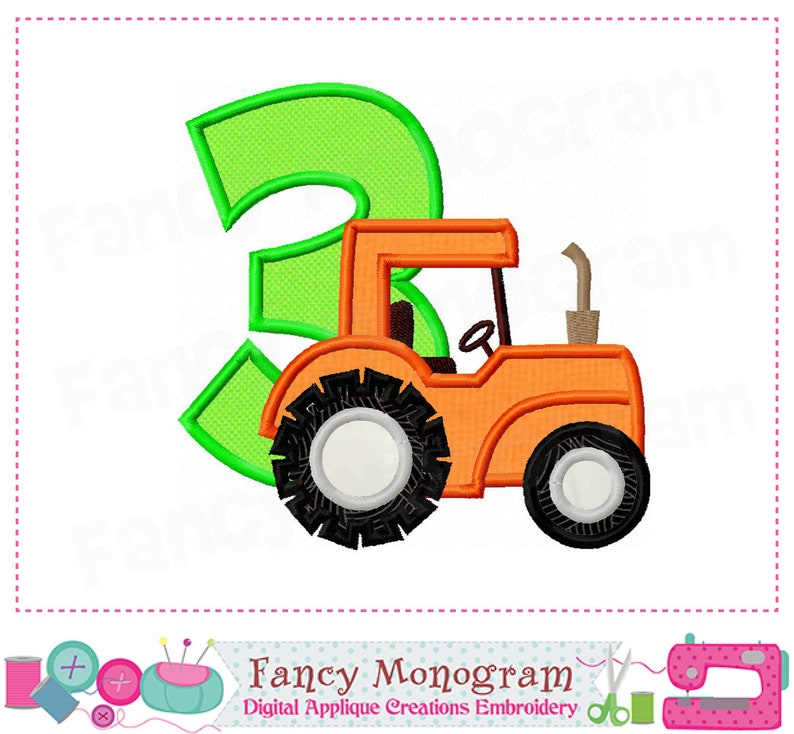 K&ouml;nnte beinhalten: Eine gr&uuml;ne Zahl drei mit einem orangefarbenen Traktor davor. Der Traktor hat ein schwarz-wei&szlig;es Reifen, einen schwarzen Auspuff und ein schwarzes Lenkrad.