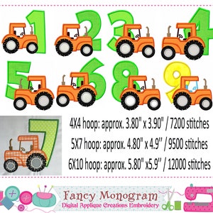 K&ouml;nnte beinhalten: Neun Traktor-Nummern in Orange, Gr&uuml;n und Gelb mit schwarzen R&auml;dern. Die Zahlen sind gr&uuml;n umrandet. Die Zahlen sind in einem Raster angeordnet. Der Text unter den Zahlen lautet: "4X4-Hoop: ca. 3.80" x 3.90" / 7200 Stiche 5X7-Hoop: ca. 4.80" x 4.9" / 9500 Stiche 6X10-Hoop: ca. 5.80" x 5.9" / 12000 Stiche Fancy Monogram Digital Applique Creations Embroidery"