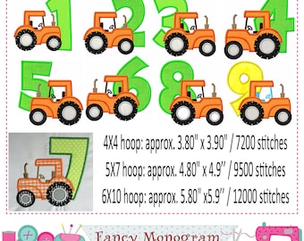 Tractor Farmer Numbers applique embroidery design - Babies Birthday party Numbers applique - Farmer embroidery - machine embroidery -1749