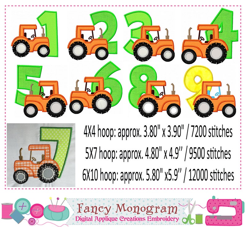 K&ouml;nnte beinhalten: Neun Traktor-Nummern in Orange, Gr&uuml;n und Gelb mit schwarzen R&auml;dern. Die Zahlen sind gr&uuml;n umrandet. Die Zahlen sind in einem Raster angeordnet. Der Text unter den Zahlen lautet: "4X4-Hoop: ca. 3.80" x 3.90" / 7200 Stiche 5X7-Hoop: ca. 4.80" x 4.9" / 9500 Stiche 6X10-Hoop: ca. 5.80" x 5.9" / 12000 Stiche Fancy Monogram Digital Applique Creations Embroidery"