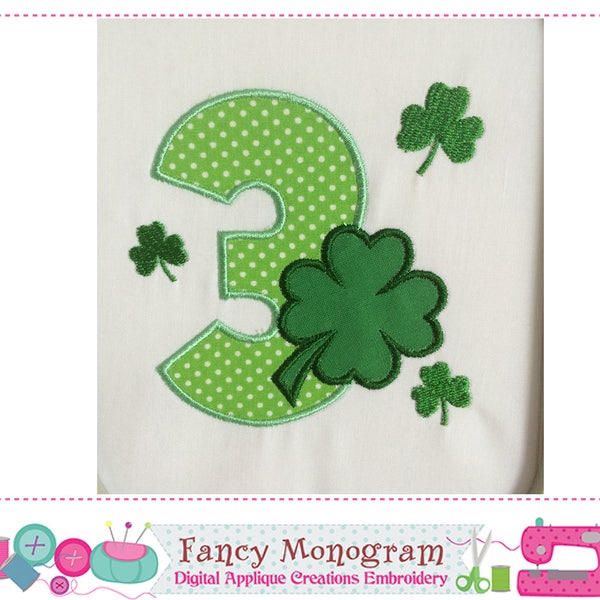 St Patrick's Day Number 3 applique - My 3rd Birthday - Shamrock embroidery - Birthday embroidery - Shamrock applique - Babies applique.