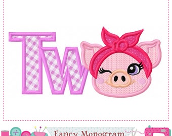 TWO Applique - Piggy Bow Embroidery - 2nd Birthday Design(Digital Download) 246TB