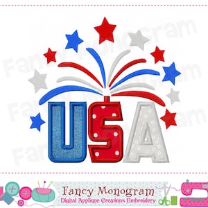 May include: Embroidered design of the word "USA" with red, white, and blue stars and fireworks. The letters are decorated with polka dots and denim fabric.