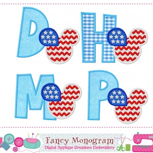May include: Four embroidered letters: D, H, M, and P. Each letter is paired with a mouse-ear design in red and white stripes and a blue circle with white stars. The letters are in light blue and blue gingham.