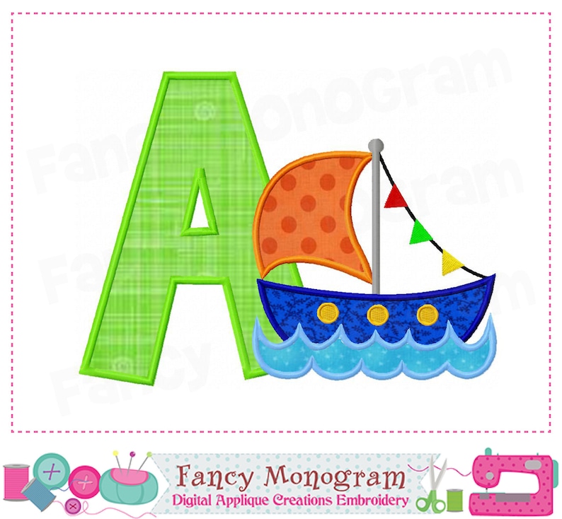Pirate ship letters applique Sailboat Monogram design 26 ...
