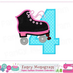 May include: Embroidered design of a roller skate with a pink and black polka dot pattern, next to the number four in blue with white polka dots. The design is perfect for a birthday party or a celebration.