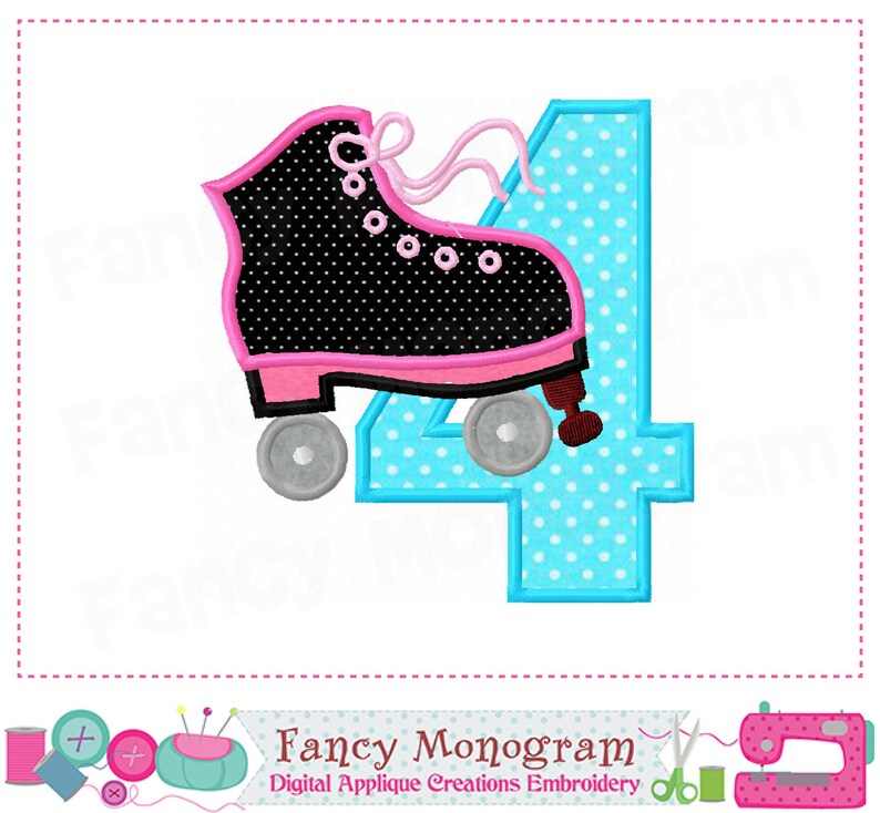 May include: Embroidered design of a roller skate with a pink and black polka dot pattern, next to the number four in blue with white polka dots. The design is perfect for a birthday party or a celebration.