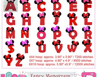 Minnie Alphabet embroidery - Girl birthday party Monogram A~Z applique - 26 Fonts - Birthday Alphabet applique - machine embroidery 15121